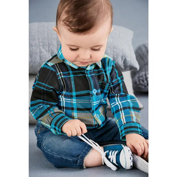 Baby Boys 2Pc Little Gentleman Plaid Onesie Button Down Shirt and Stylish Jeans Set.